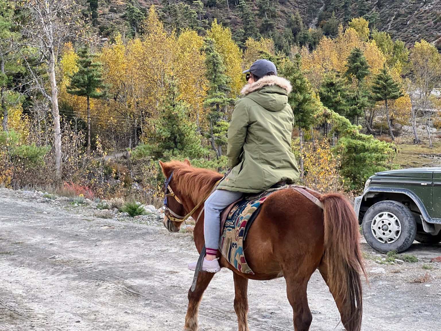 A person wearing a green winter jacket and cap riding a brown horse on a dirt path with autumn trees in the background.